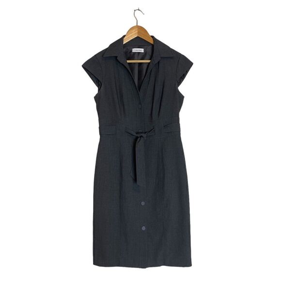 Calvin Klein Black Button Up Cap Sleeve Dress in Charcoal - Picture 2 of 15